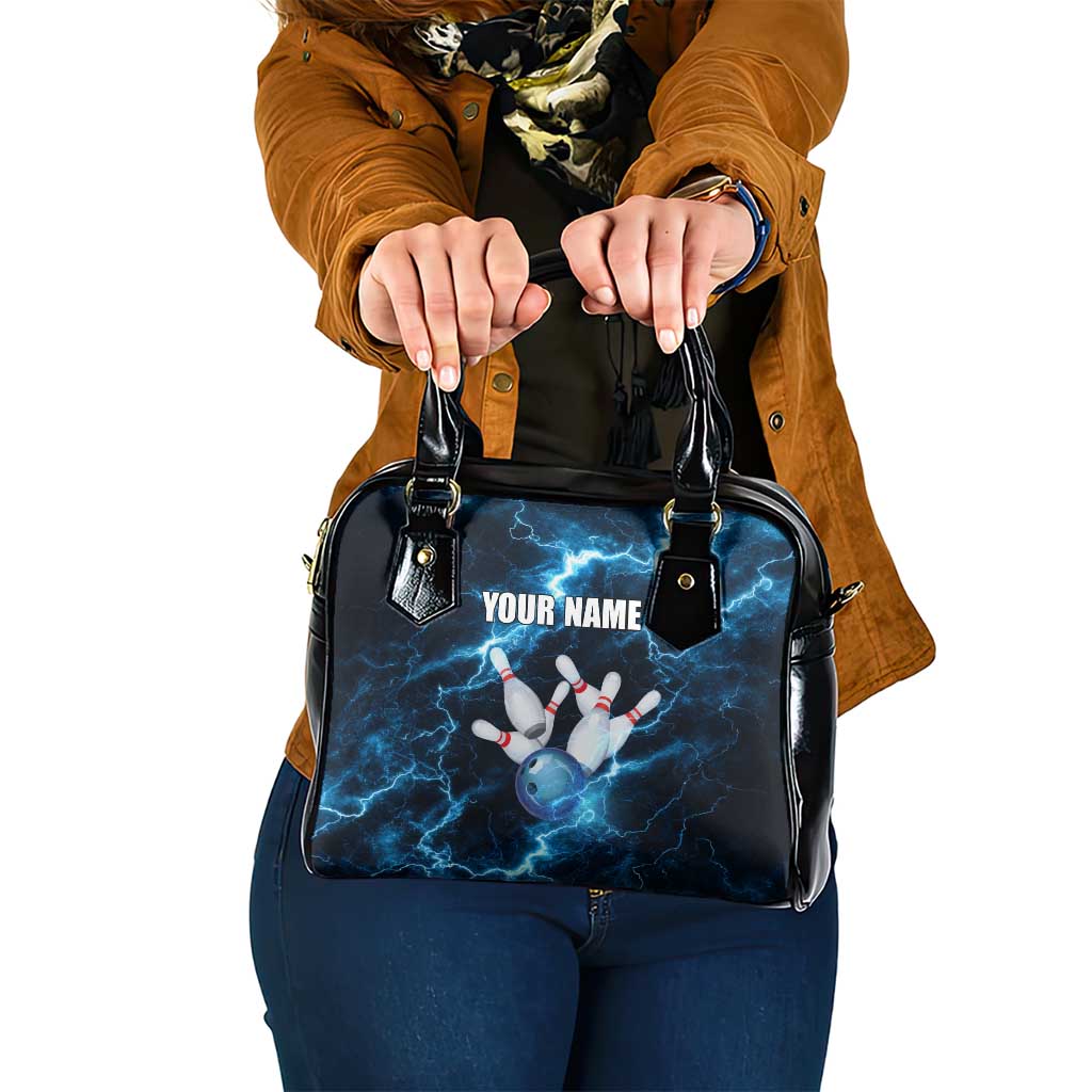 Personalized Bowling Ball Strike Graphic Shoulder Handbag Blue Lightning Storm and Electric Energy TS04