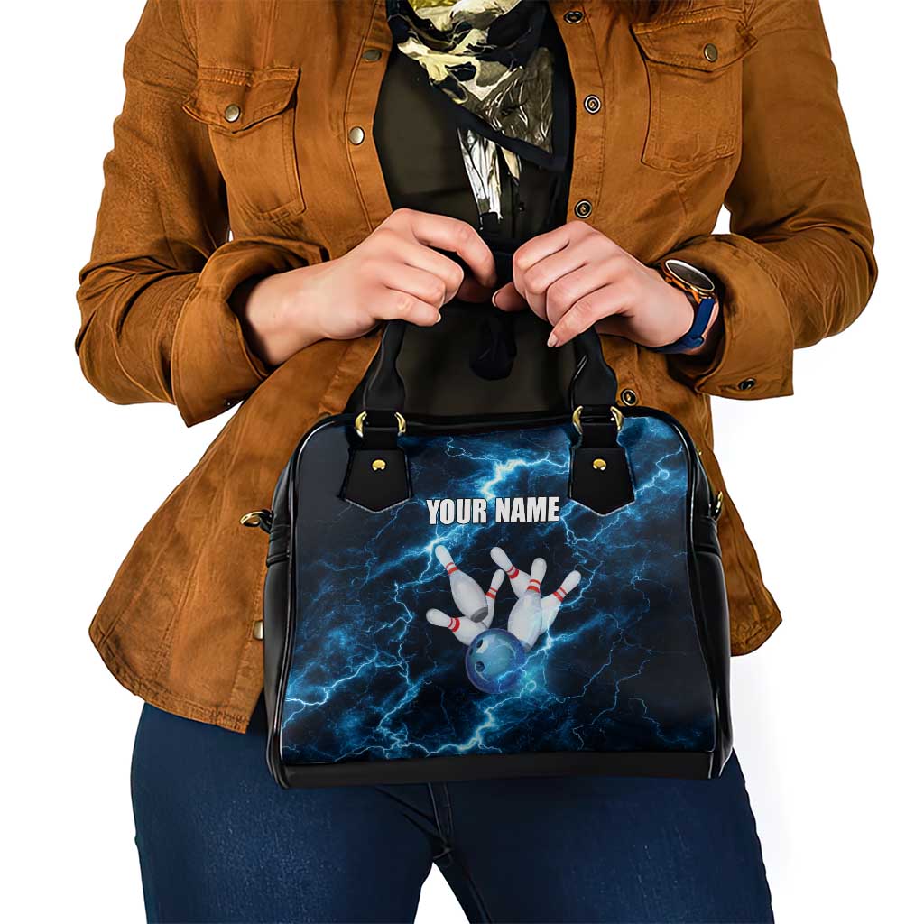 Personalized Bowling Ball Strike Graphic Shoulder Handbag Blue Lightning Storm and Electric Energy TS04