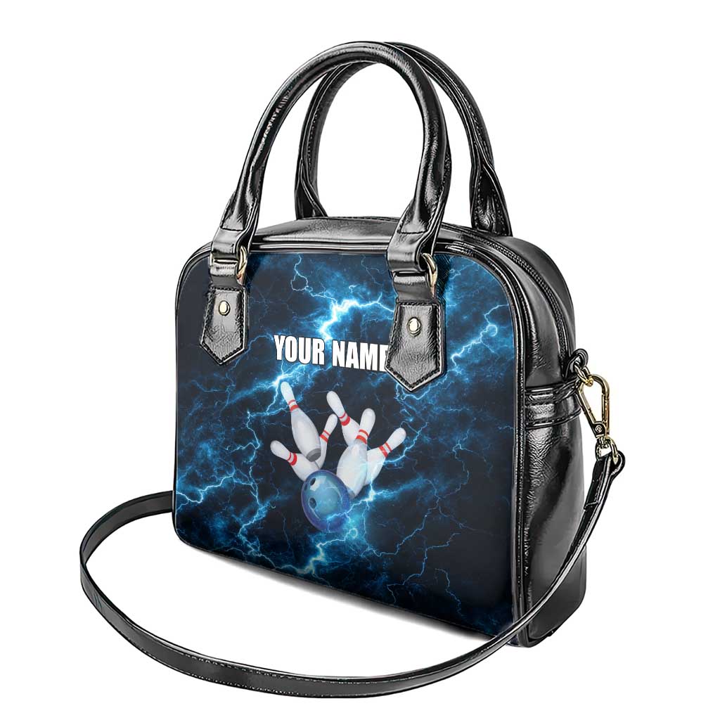 Personalized Bowling Ball Strike Graphic Shoulder Handbag Blue Lightning Storm and Electric Energy TS04
