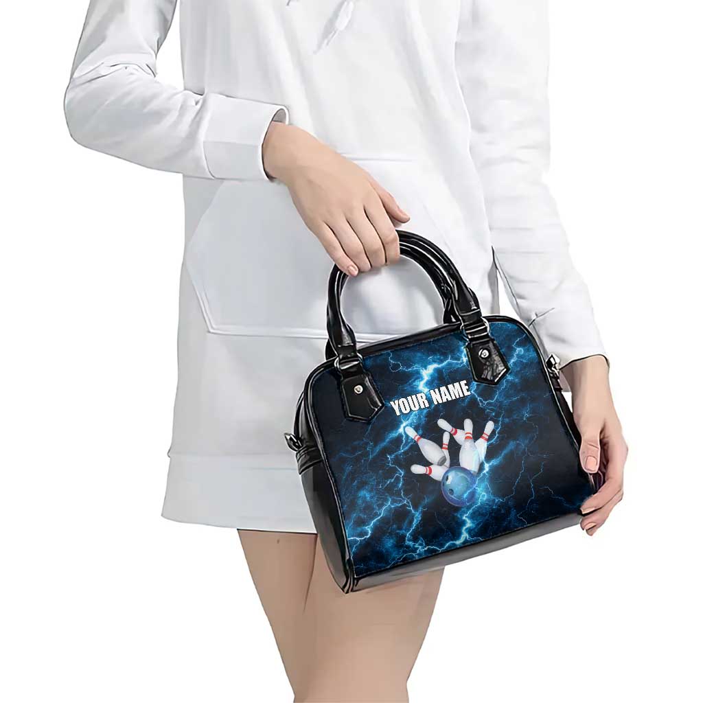 Personalized Bowling Ball Strike Graphic Shoulder Handbag Blue Lightning Storm and Electric Energy TS04