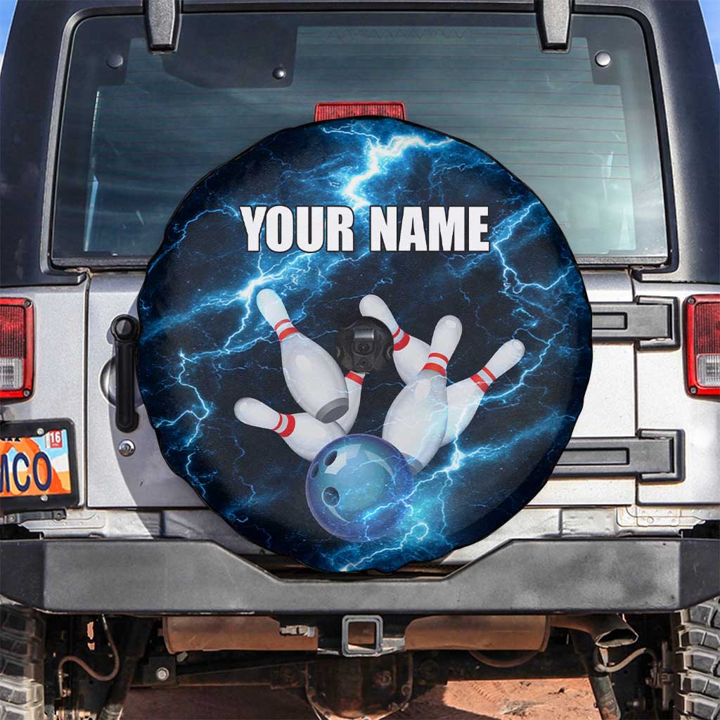 Personalized Bowling Ball Strike Graphic Spare Tire Cover Blue Lightning Storm and Electric Energy TS04