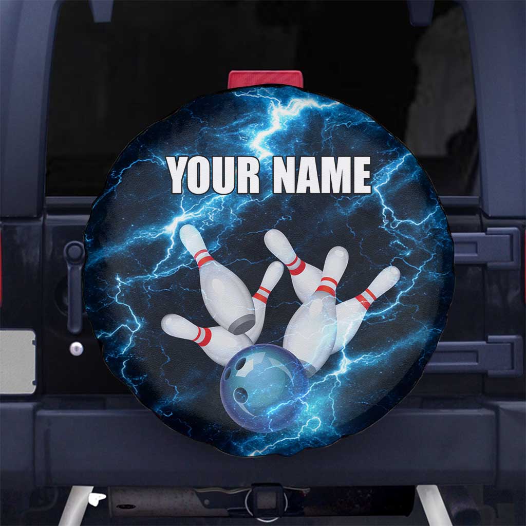 Personalized Bowling Ball Strike Graphic Spare Tire Cover Blue Lightning Storm and Electric Energy TS04