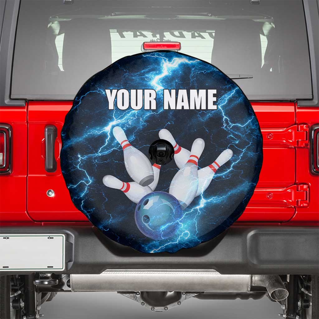 Personalized Bowling Ball Strike Graphic Spare Tire Cover Blue Lightning Storm and Electric Energy TS04