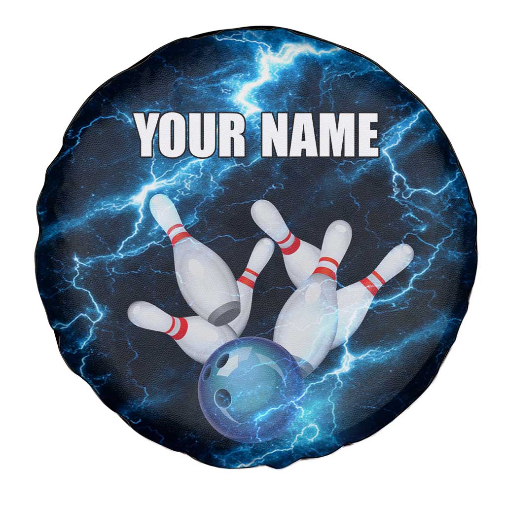 Personalized Bowling Ball Strike Graphic Spare Tire Cover Blue Lightning Storm and Electric Energy TS04