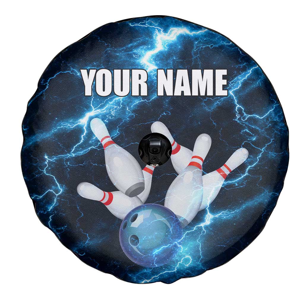 Personalized Bowling Ball Strike Graphic Spare Tire Cover Blue Lightning Storm and Electric Energy TS04