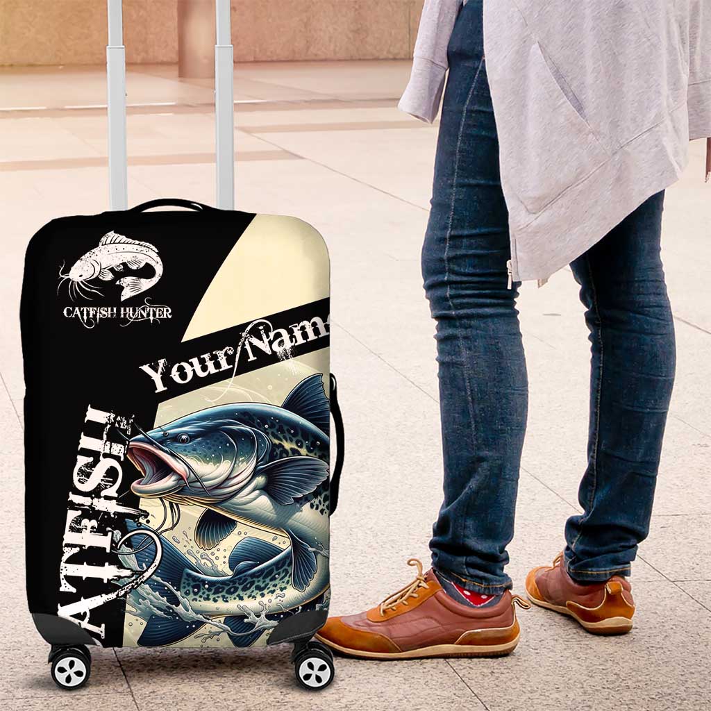 Catfish Fishing Customize Name Luggage Cover Splash Effect and Black Cream Split Design TS04