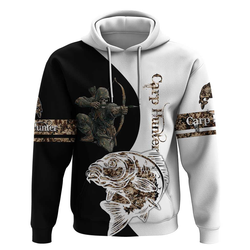Carp Hunter Bowfishing Customize Name Hoodie Camouflage Archer Graphic and Black White Split Layout TS04