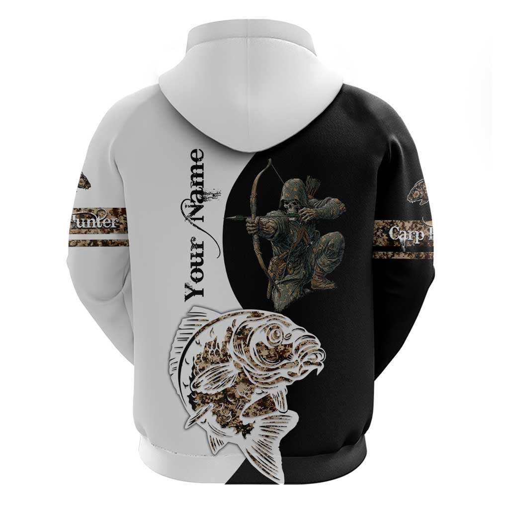 Carp Hunter Bowfishing Customize Name Hoodie Camouflage Archer Graphic and Black White Split Layout TS04