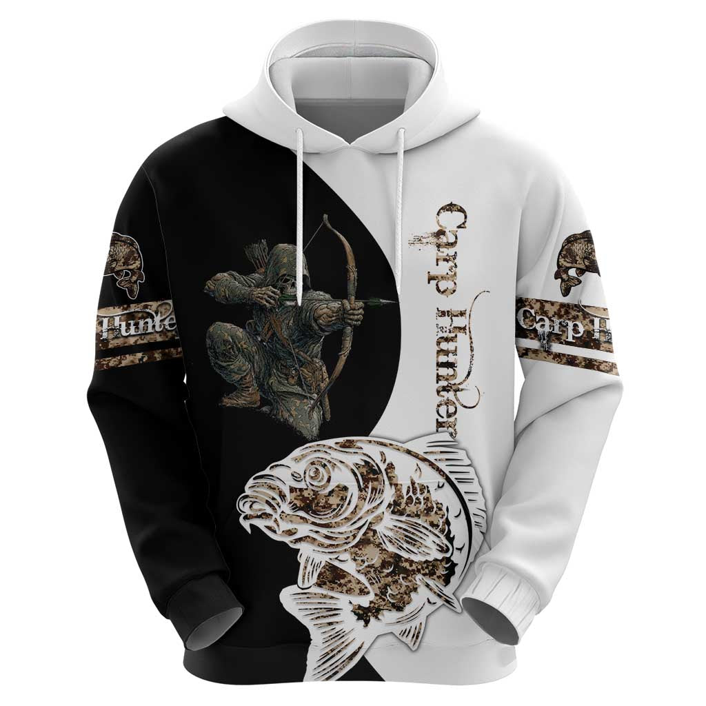 Carp Hunter Bowfishing Customize Name Hoodie Camouflage Archer Graphic and Black White Split Layout TS04
