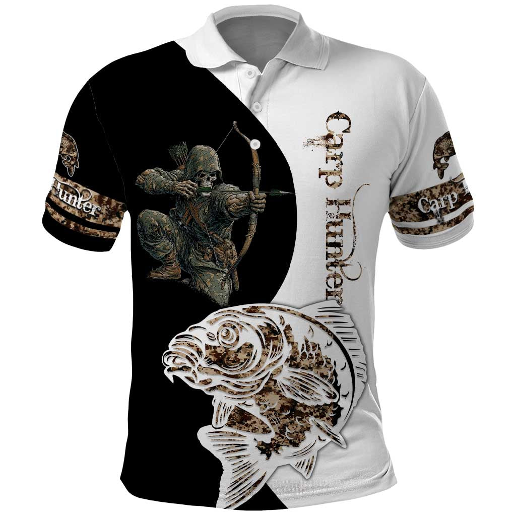 Carp Hunter Bowfishing Customize Name Polo Shirt Camouflage Archer Graphic and Black White Split Layout TS04