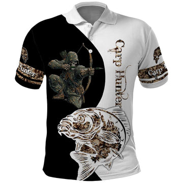 Carp Hunter Bowfishing Customize Name Polo Shirt Camouflage Archer Graphic and Black White Split Layout TS04