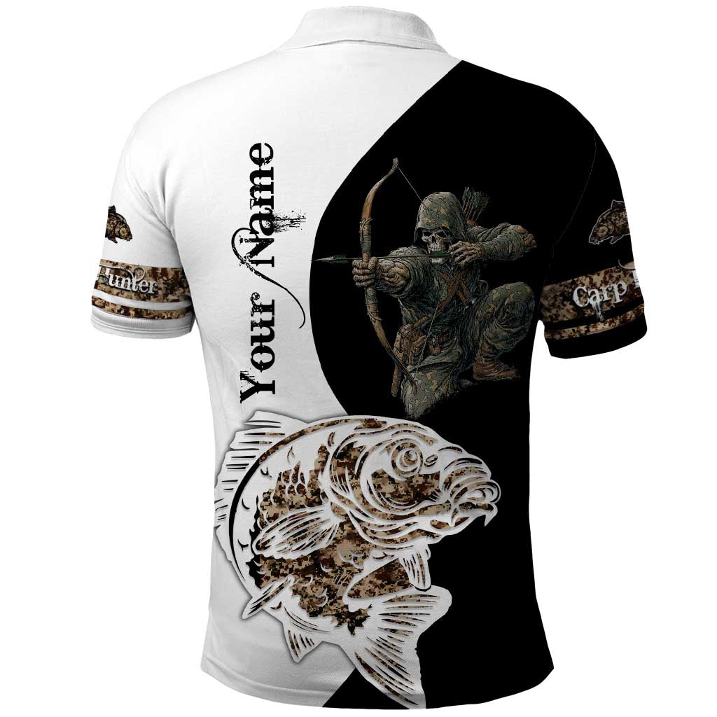 Carp Hunter Bowfishing Customize Name Polo Shirt Camouflage Archer Graphic and Black White Split Layout TS04