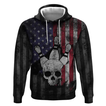 Personalized Skull Bowling Hoodie Distressed American Flag in Dark Grunge Design TS04