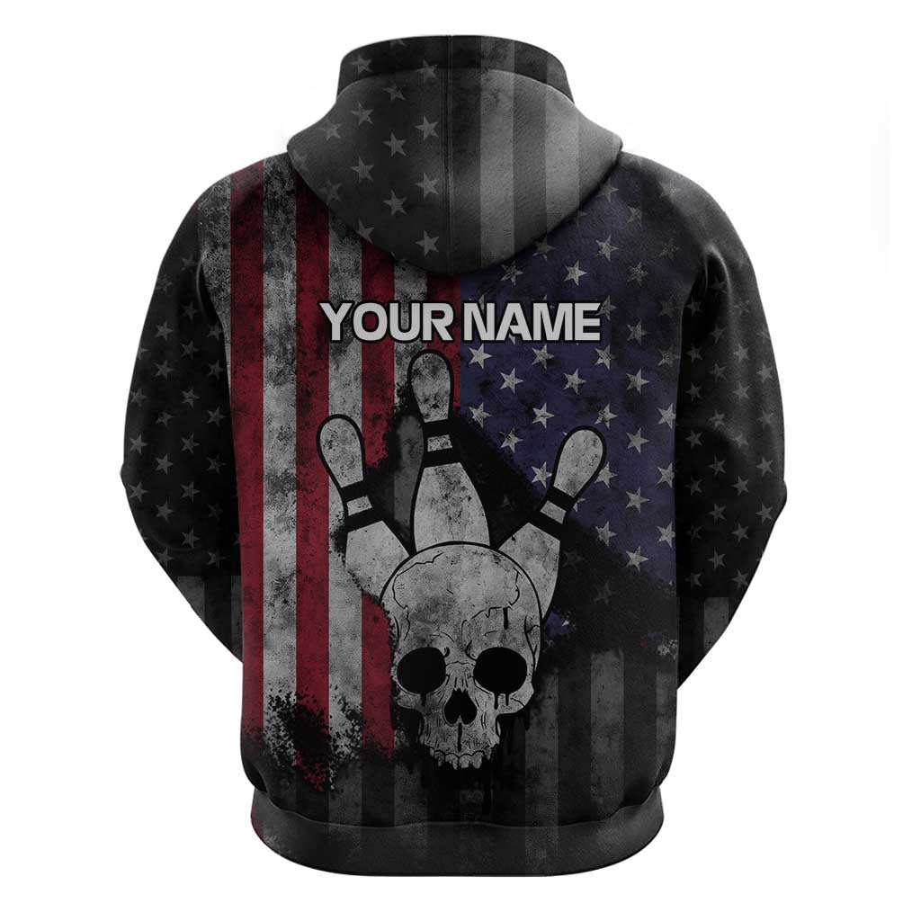 Personalized Skull Bowling Hoodie Distressed American Flag in Dark Grunge Design TS04
