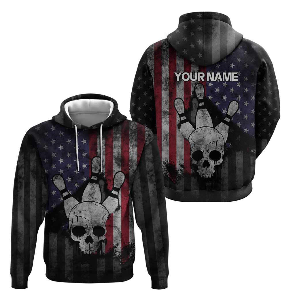 Personalized Skull Bowling Hoodie Distressed American Flag in Dark Grunge Design TS04