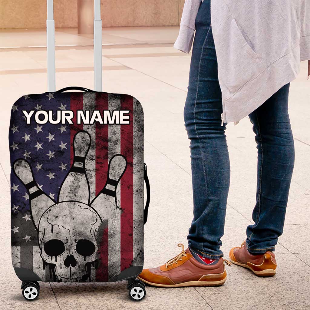 Personalized Skull Bowling Luggage Cover Distressed American Flag in Dark Grunge Design TS04