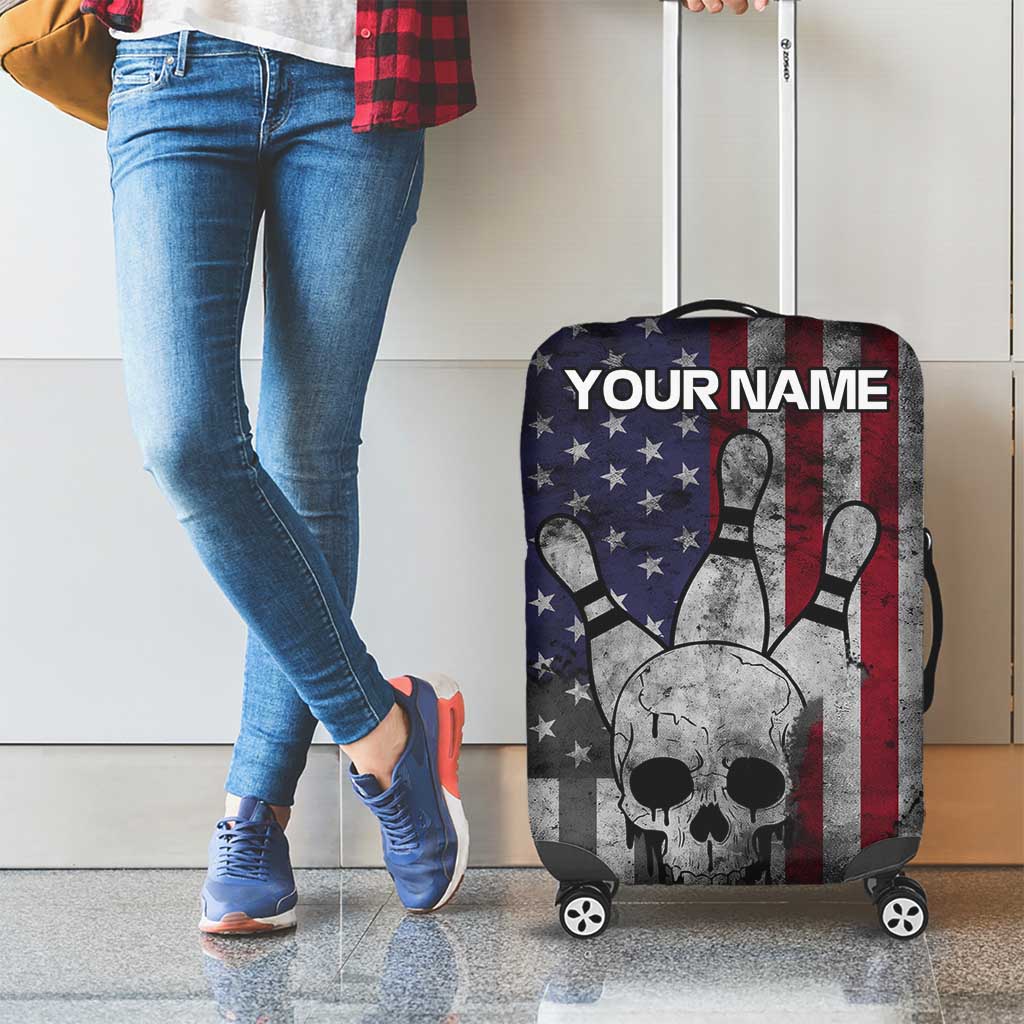 Personalized Skull Bowling Luggage Cover Distressed American Flag in Dark Grunge Design TS04