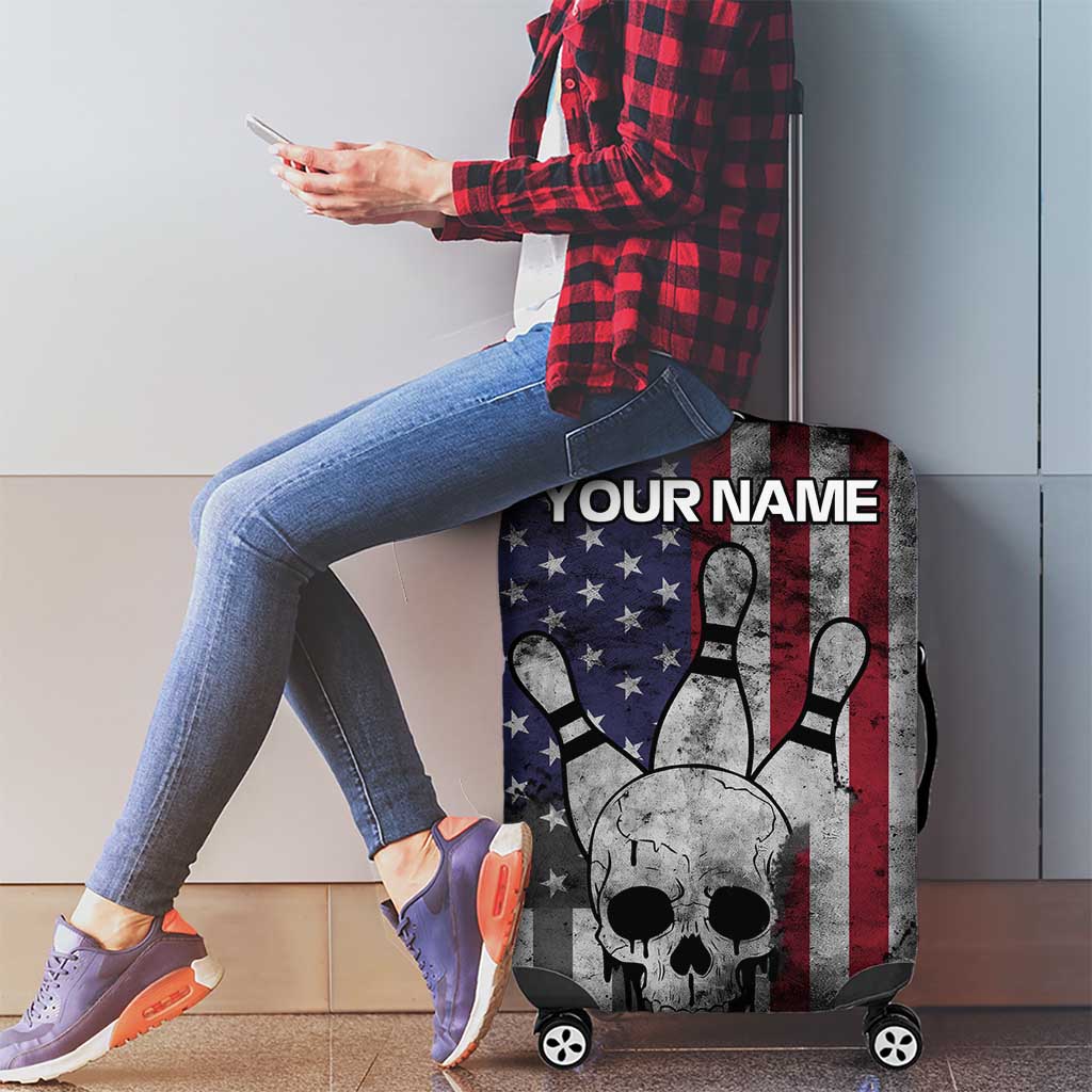 Personalized Skull Bowling Luggage Cover Distressed American Flag in Dark Grunge Design TS04