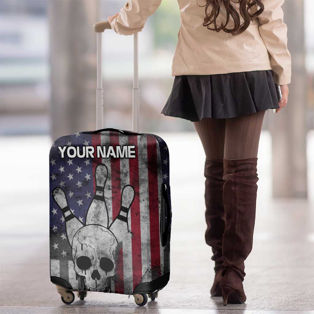 Personalized Skull Bowling Luggage Cover Distressed American Flag in Dark Grunge Design TS04