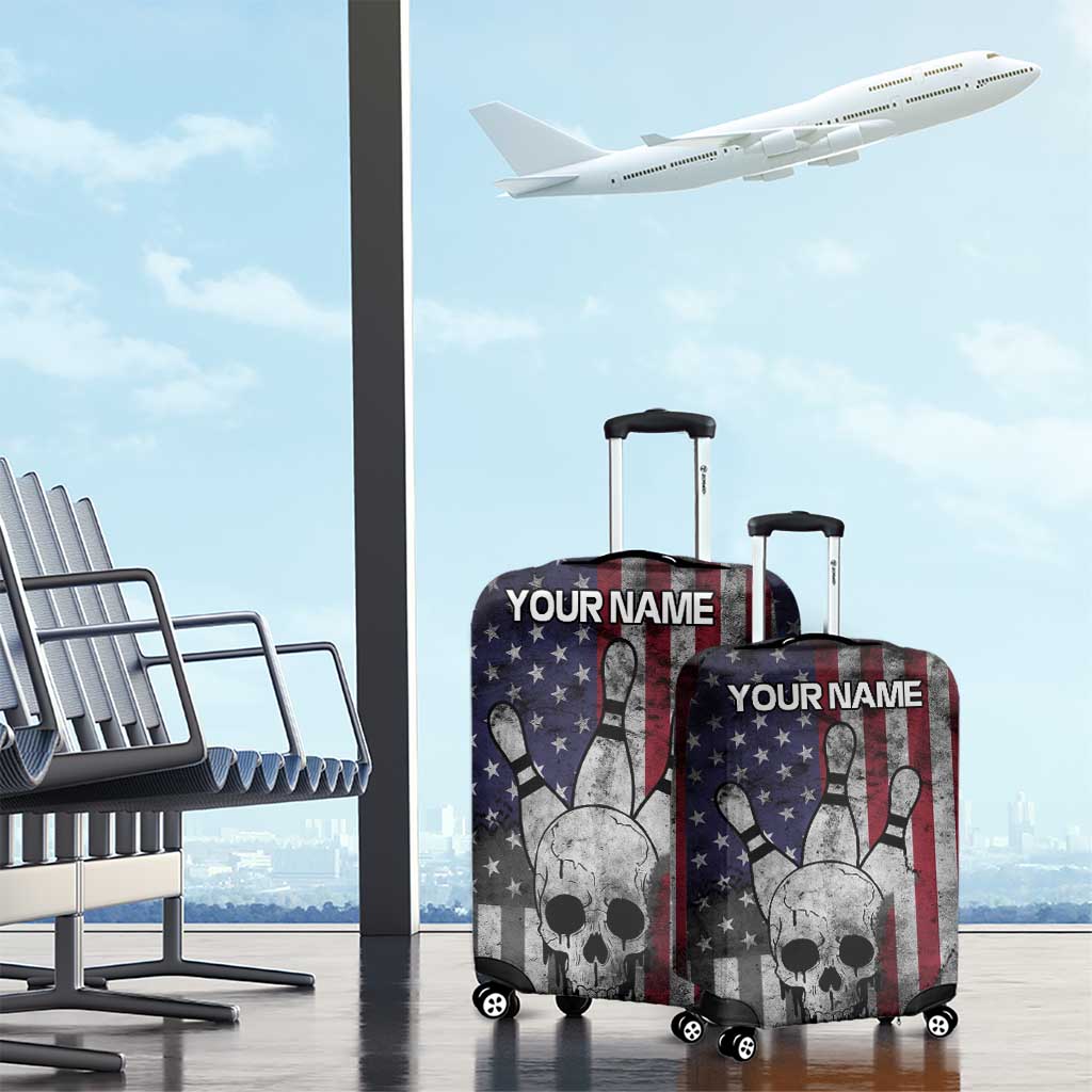 Personalized Skull Bowling Luggage Cover Distressed American Flag in Dark Grunge Design TS04