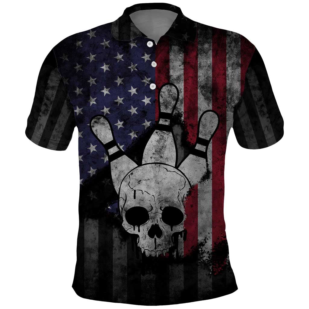 Personalized Skull Bowling Polo Shirt Distressed American Flag in Dark Grunge Design TS04