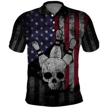 Personalized Skull Bowling Polo Shirt Distressed American Flag in Dark Grunge Design TS04