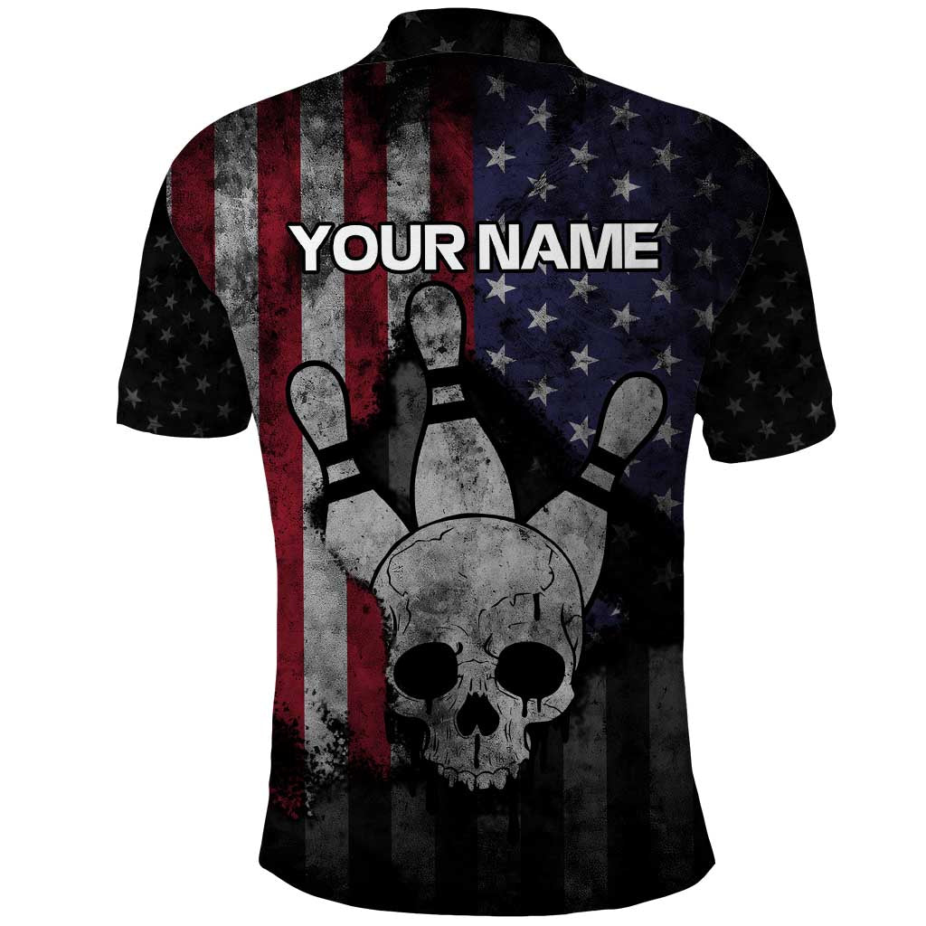 Personalized Skull Bowling Polo Shirt Distressed American Flag in Dark Grunge Design TS04