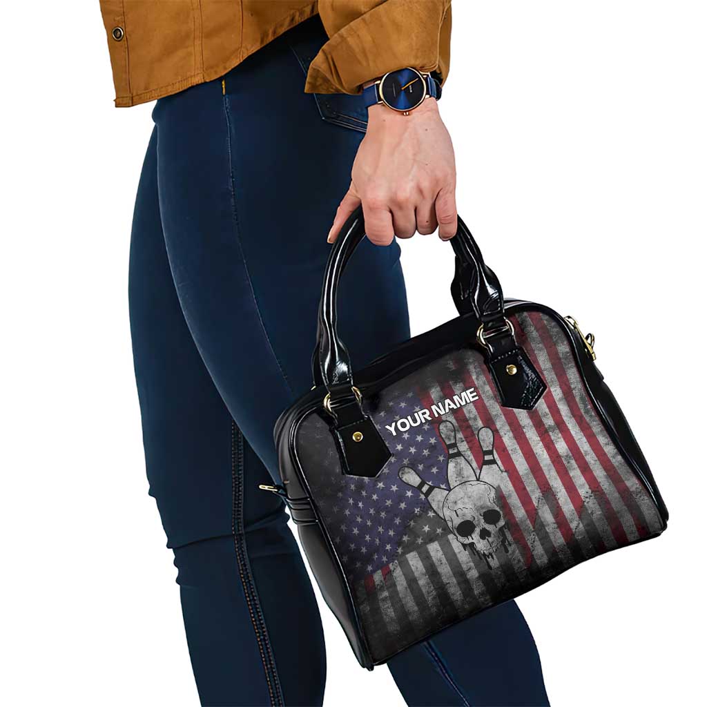 Personalized Skull Bowling Shoulder Handbag Distressed American Flag in Dark Grunge Design TS04