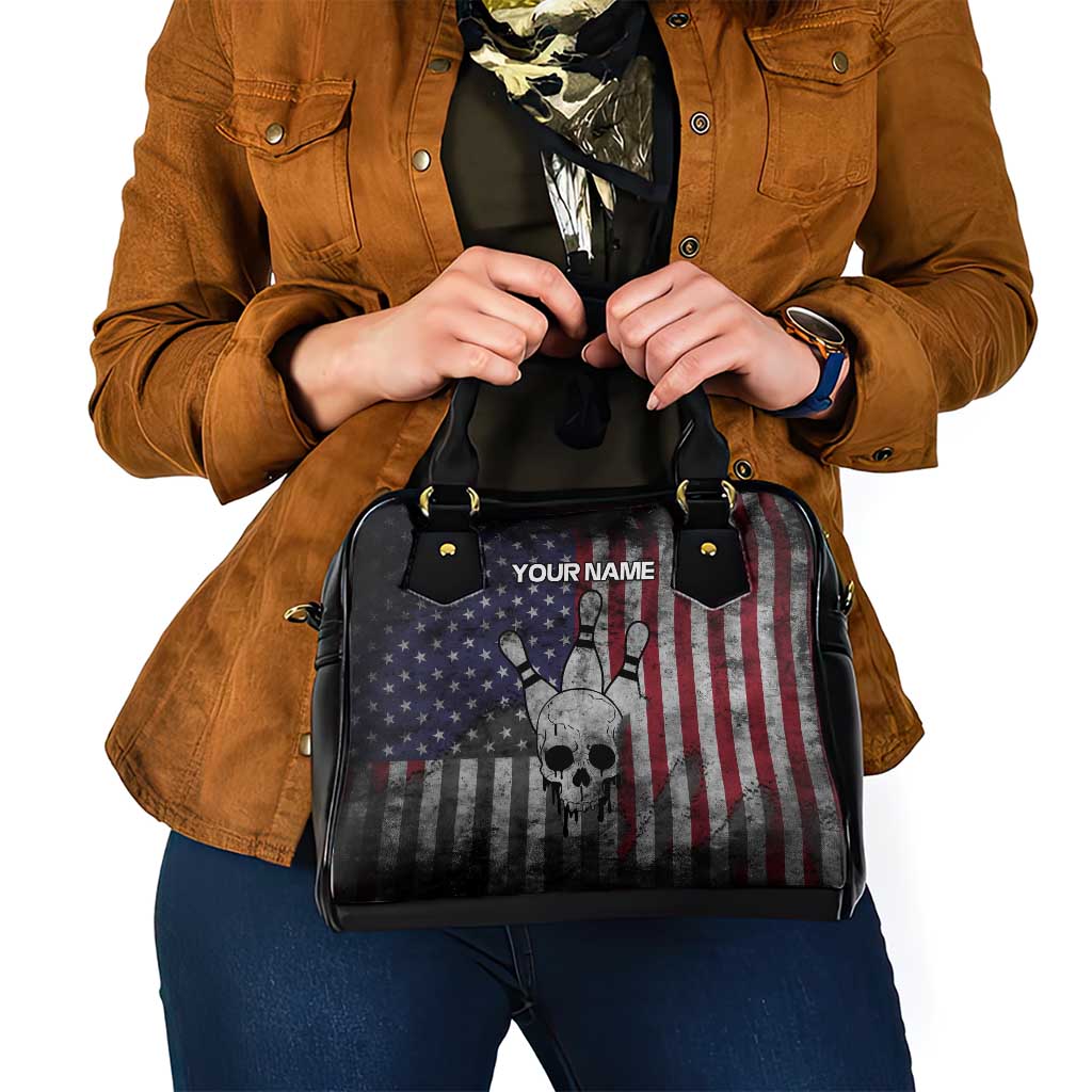 Personalized Skull Bowling Shoulder Handbag Distressed American Flag in Dark Grunge Design TS04