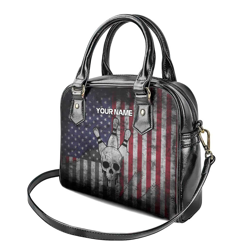 Personalized Skull Bowling Shoulder Handbag Distressed American Flag in Dark Grunge Design TS04