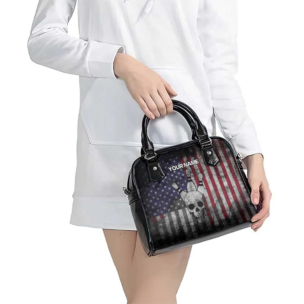 Personalized Skull Bowling Shoulder Handbag Distressed American Flag in Dark Grunge Design TS04