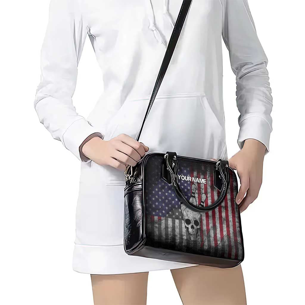 Personalized Skull Bowling Shoulder Handbag Distressed American Flag in Dark Grunge Design TS04