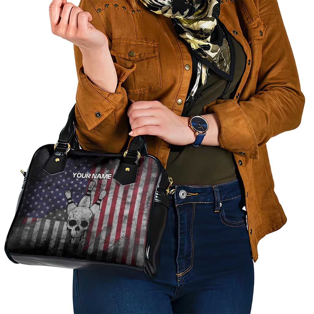 Personalized Skull Bowling Shoulder Handbag Distressed American Flag in Dark Grunge Design TS04