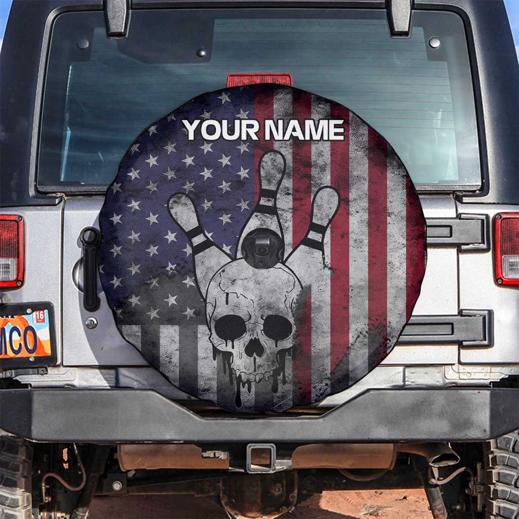 Personalized Skull Bowling Spare Tire Cover Distressed American Flag in Dark Grunge Design TS04