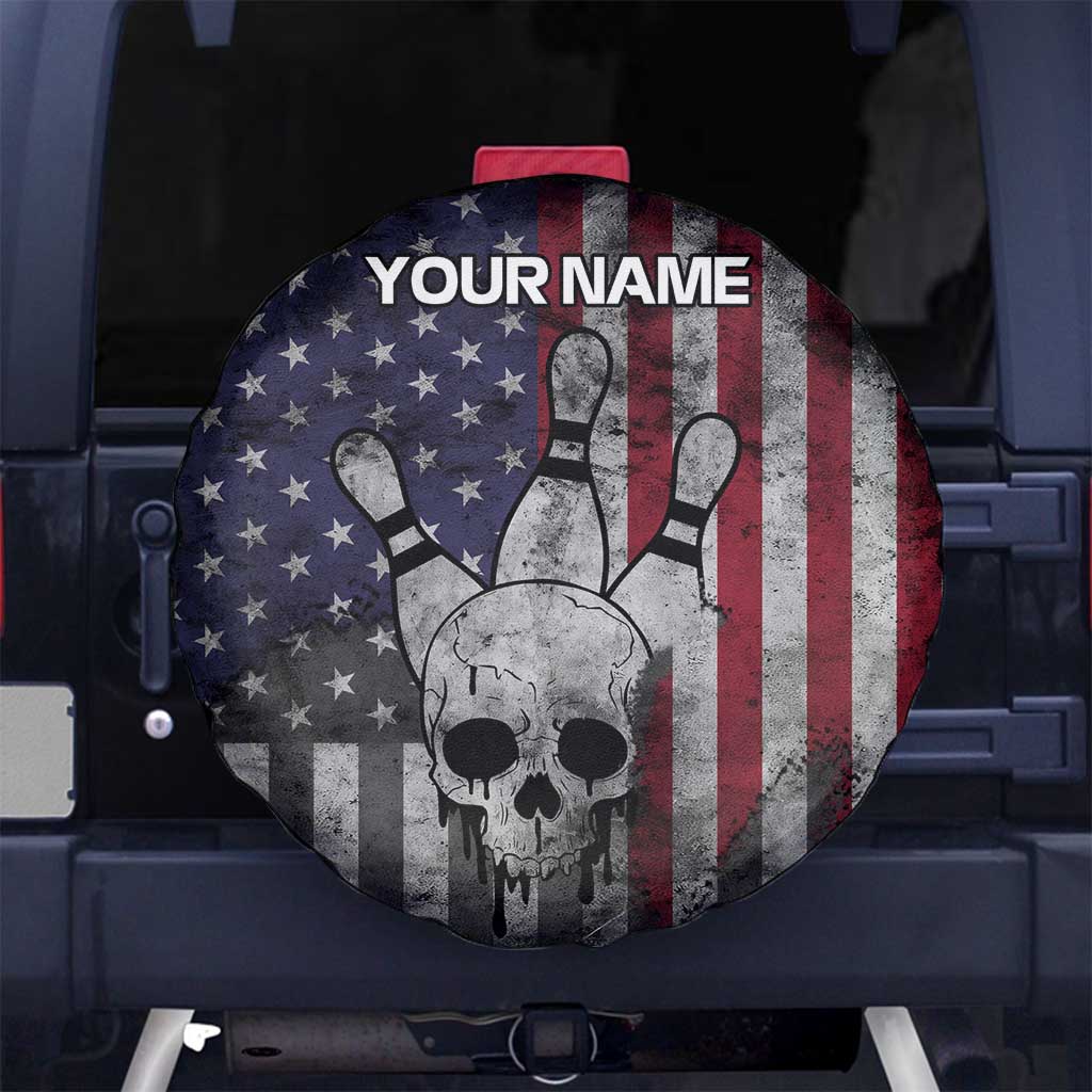 Personalized Skull Bowling Spare Tire Cover Distressed American Flag in Dark Grunge Design TS04