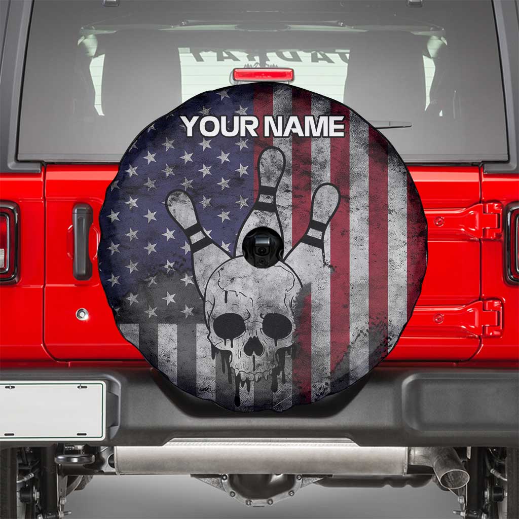 Personalized Skull Bowling Spare Tire Cover Distressed American Flag in Dark Grunge Design TS04