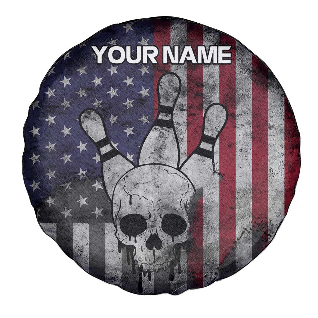 Personalized Skull Bowling Spare Tire Cover Distressed American Flag in Dark Grunge Design TS04