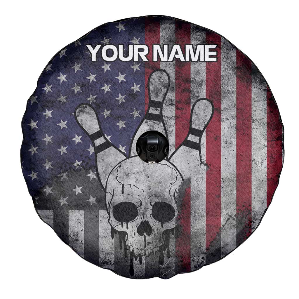 Personalized Skull Bowling Spare Tire Cover Distressed American Flag in Dark Grunge Design TS04
