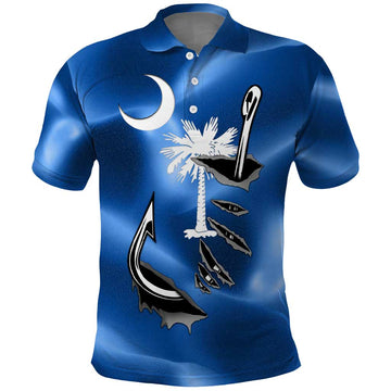 Fishing Custom South Carolina Flag Polo Shirt Fish Hook Graphic in Blue Gradient Design TS04