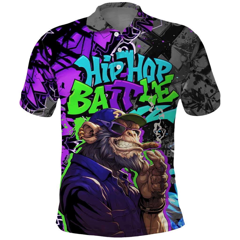 Hip Hop Battle Polo Shirt Smoking Ape Character and Purple Green Graffiti Street Art Design TS04
