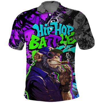 Hip Hop Battle Polo Shirt Smoking Ape Character and Purple Green Graffiti Street Art Design TS04