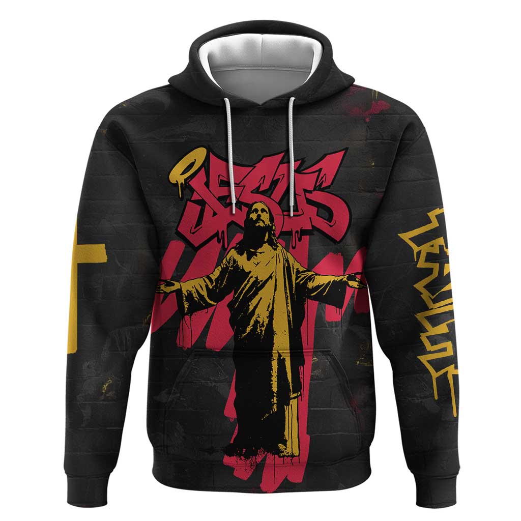 Jesus Graffiti Design Hoodie Crowned Portrait and Urban Street Art Style in Red Yellow Black Theme TS04