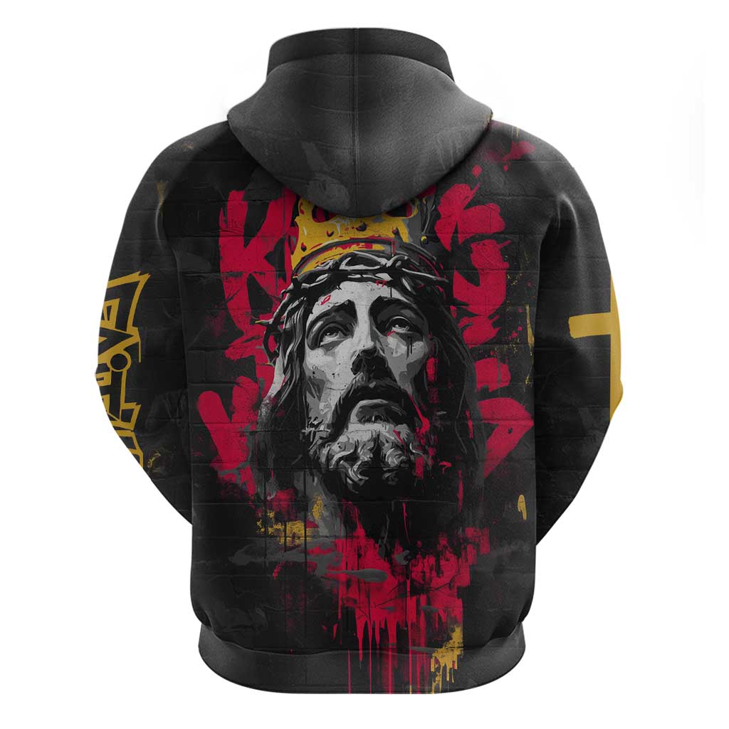 Jesus Graffiti Design Hoodie Crowned Portrait and Urban Street Art Style in Red Yellow Black Theme TS04