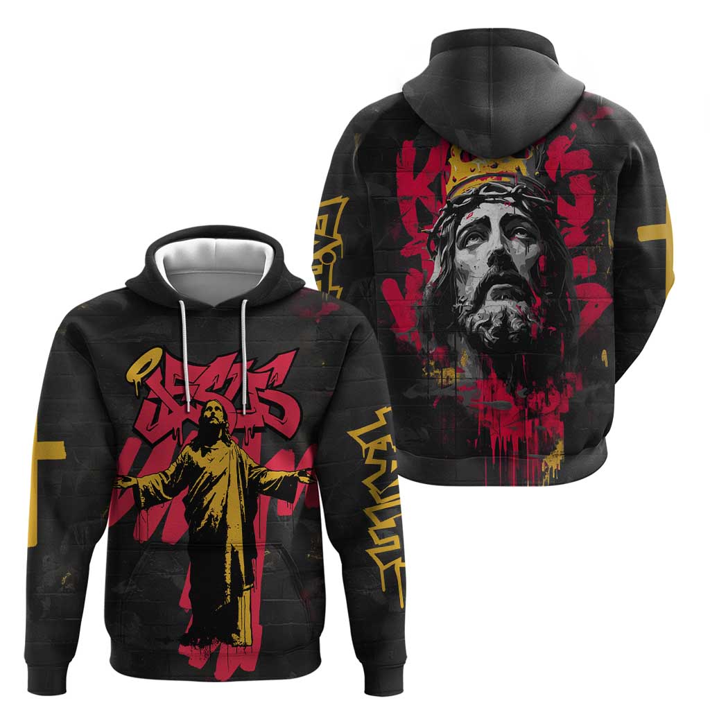 Jesus Graffiti Design Hoodie Crowned Portrait and Urban Street Art Style in Red Yellow Black Theme TS04