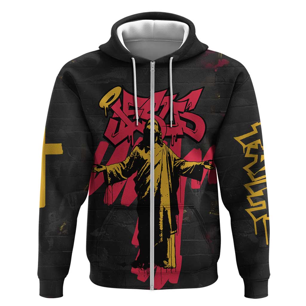 Jesus Graffiti Design Hoodie Crowned Portrait and Urban Street Art Style in Red Yellow Black Theme TS04