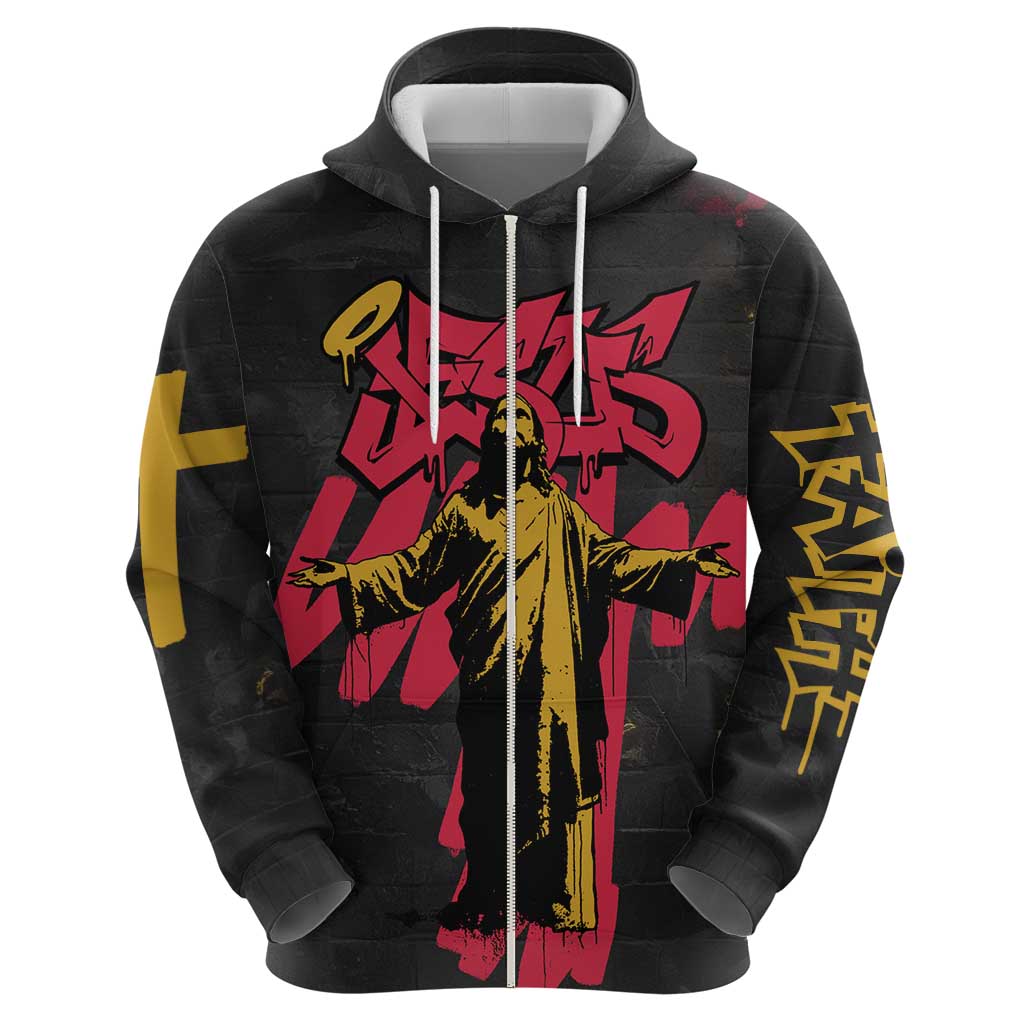 Jesus Graffiti Design Hoodie Crowned Portrait and Urban Street Art Style in Red Yellow Black Theme TS04