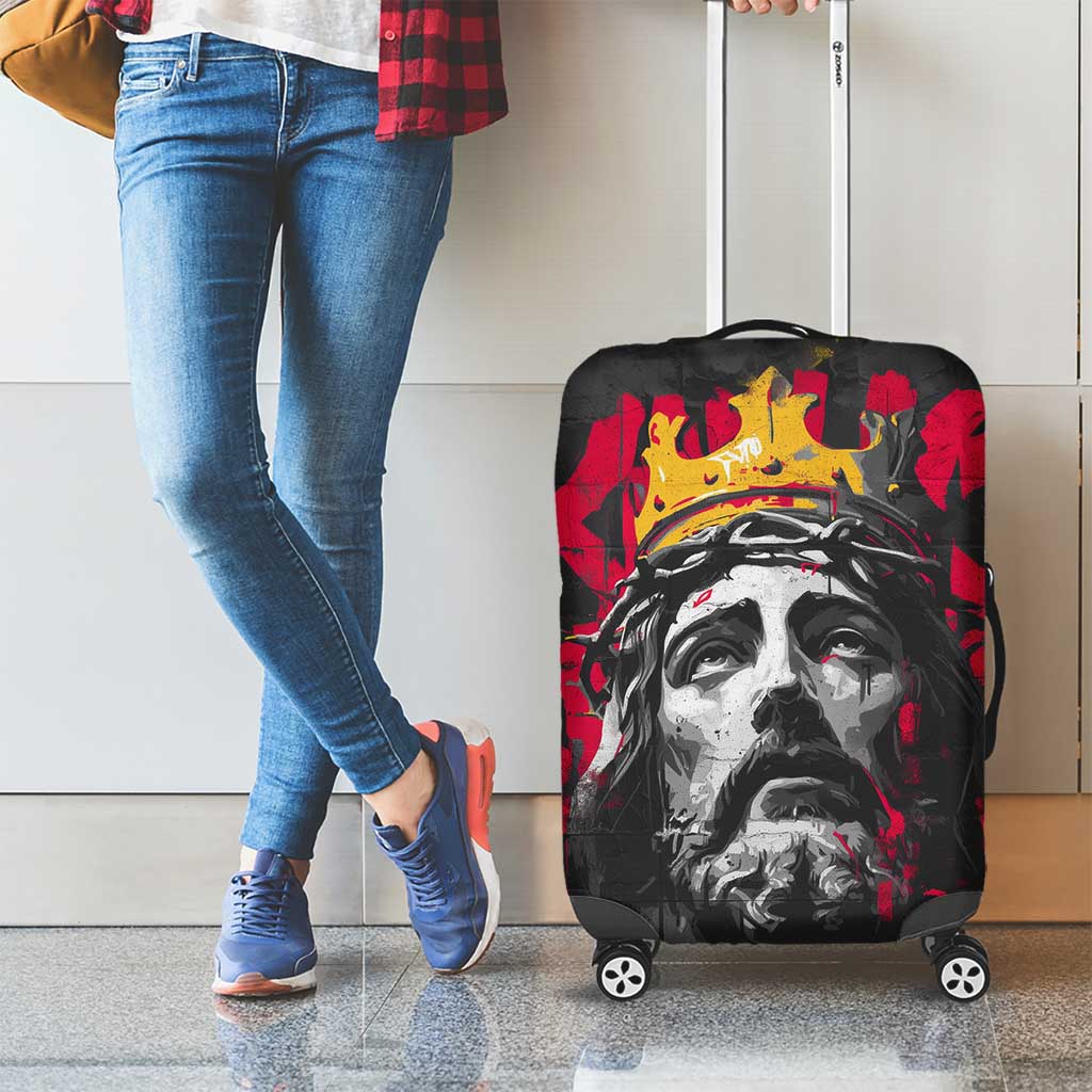 Jesus Graffiti Design Luggage Cover Crowned Portrait and Urban Street Art Style in Red Yellow Black Theme TS04