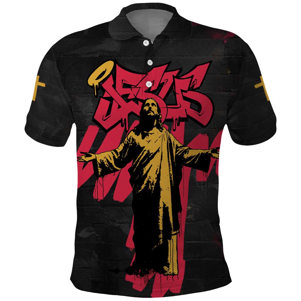 Jesus Graffiti Design Polo Shirt Crowned Portrait and Urban Street Art Style in Red Yellow Black Theme TS04