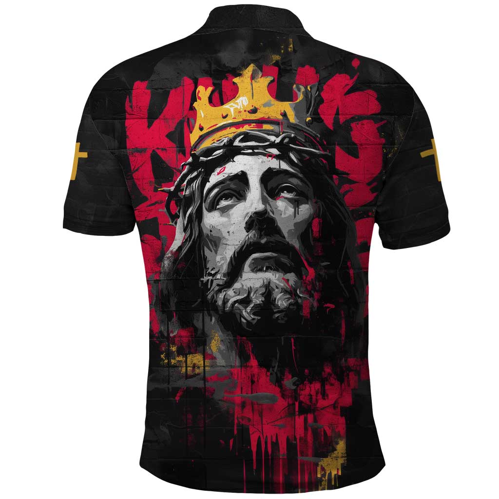 Jesus Graffiti Design Polo Shirt Crowned Portrait and Urban Street Art Style in Red Yellow Black Theme TS04