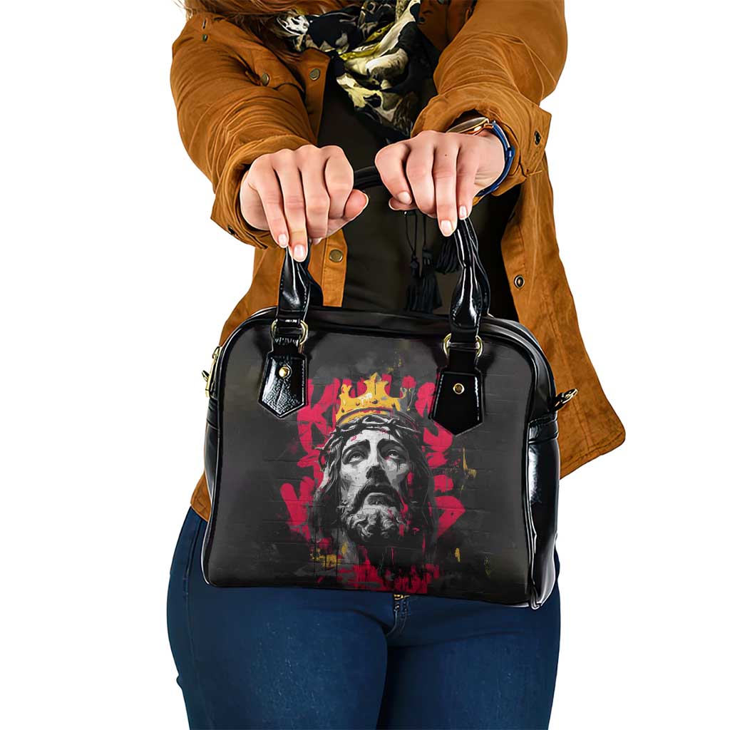Jesus Graffiti Design Shoulder Handbag Crowned Portrait and Urban Street Art Style in Red Yellow Black Theme TS04